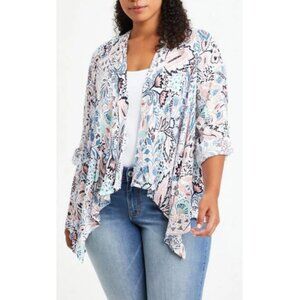 Torrid Women's White Paisley Gauze Roll Tab Sleeve Open Front Kimono Size 2X